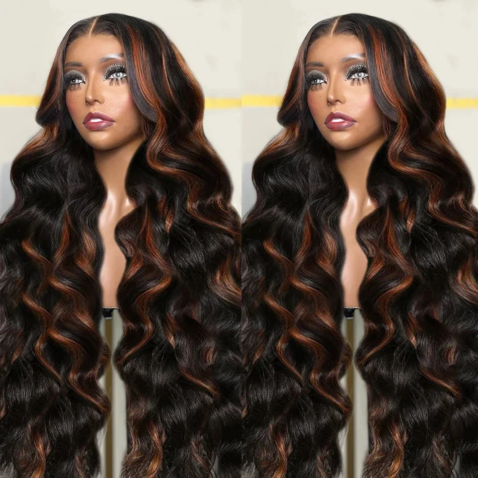 Ombre Highlight Body Wave Wig – 13x4 Lace Front, 1B/30 Black Brown HD Brazilian Human Hair Wig for Women