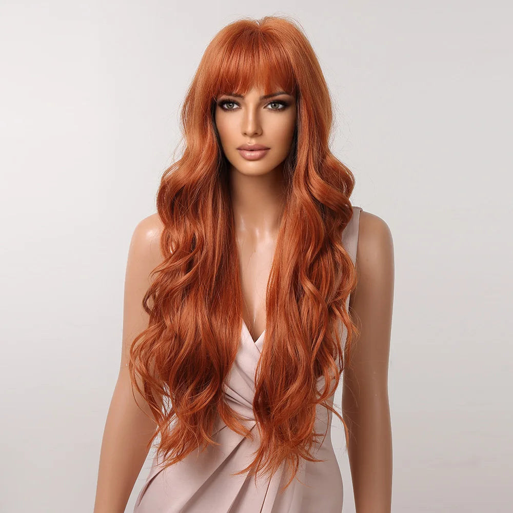 Orange Copper Ginger Long Wavy Synthetic Wig – Red & Yellow Wig with Bangs, Cosplay Body Wave, Heat-Resistant Hair for Women