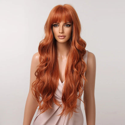 Orange Copper Ginger Long Wavy Synthetic Wig – Red & Yellow Wig with Bangs, Cosplay Body Wave, Heat-Resistant Hair for Women