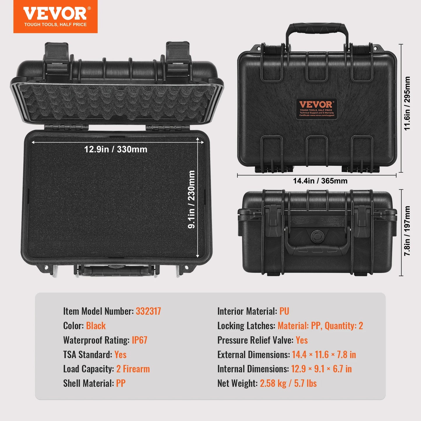 VEVOR Hard Pistol Case — Waterproof Dustproof Lockable Gun Case with Pre-Cut PU Foam for 1/2/5/6 Pistols