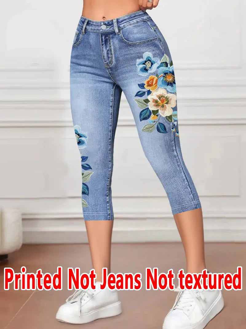 Women's Printed Capri Leggings - Stretchy Casual Cropped Pants