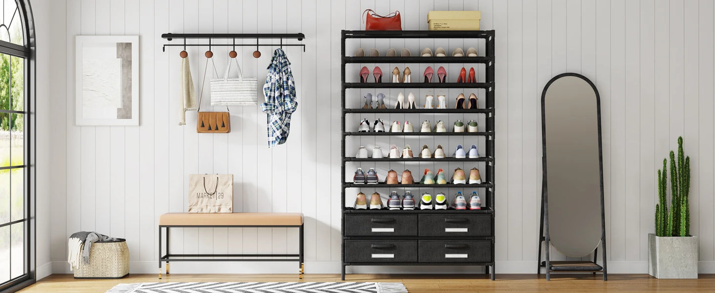 Tribesigns 10-Tier Shoe Rack Organizer – Vertical Shoe Shelf with 4 Drawer Bins, Holds 32 Pairs for Closet & Entryway