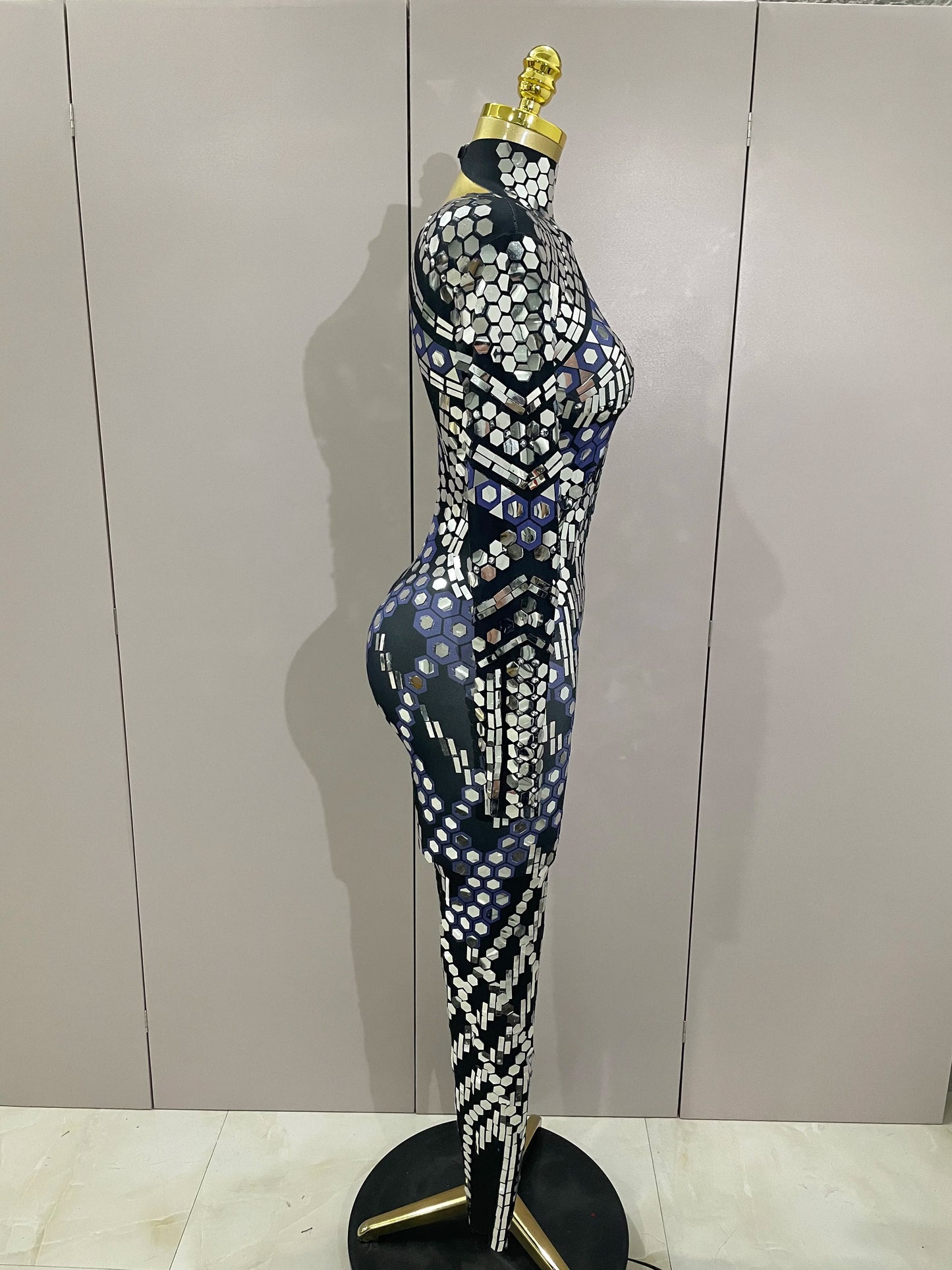 Sexy Shiny Silver Sequin & Black Spandex Jumpsuit — 2025 Women’s Prom, Dancer & Stage Performance Costume