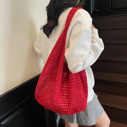 Crochet Shoulder Bag - Summer Woven Hollow Beach Tote for Vacation & Everyday Use