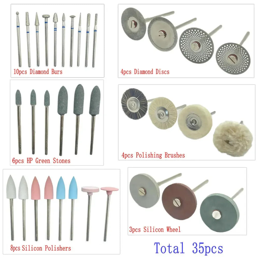 35pcs Dental HP Kit for Grinding & Polishing Ceramic Porcelain – Diamond Burs Brush Dentist Tool Set