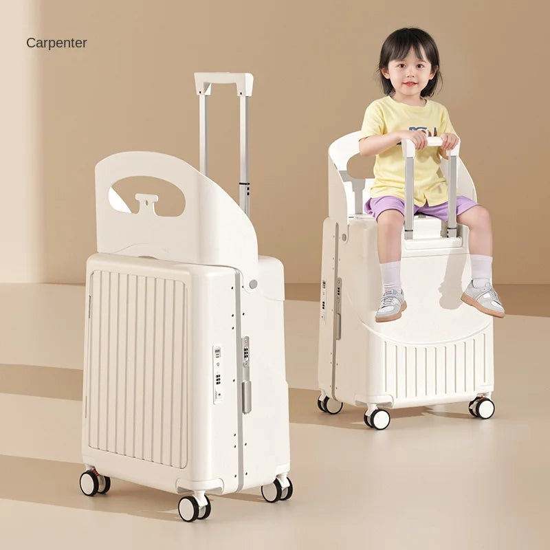2025 Kids Suitcase with Seat & Charging Port – Baby Boarding Trolley Luggage with Safety Belts & Side Opening, 20/22/24 inch