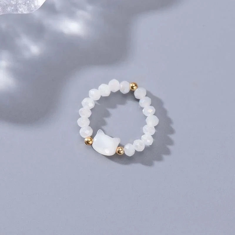 Natural Moonstone Obsidian Cat Rings - Minimalist Beaded Fidget Rings Black & White Couple Jewelry for Women & Men Party Accessories