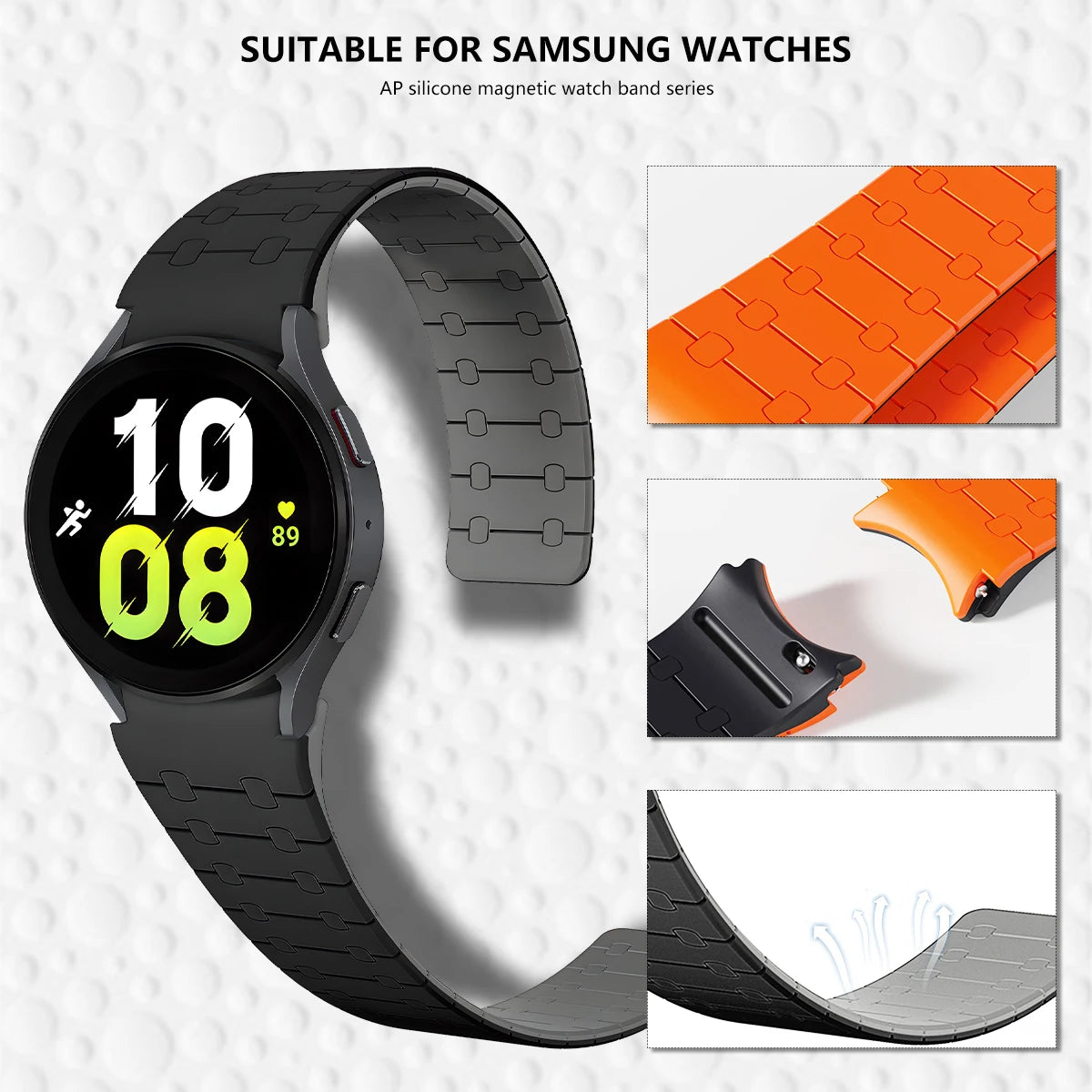 Samsung Galaxy Watch Magnetic Silicone Strap - No-Gap Sport Replacement Band for Watch 7/FE/6 Classic/6/5 Pro/5/4 40mm–47mm