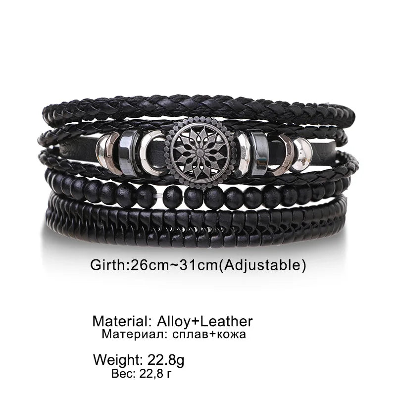 4Pcs Men's Braided Leather Bracelets Set – Vintage Life Tree & Rudder Charms, Wood Beads, Ethnic Tribal Wristbands