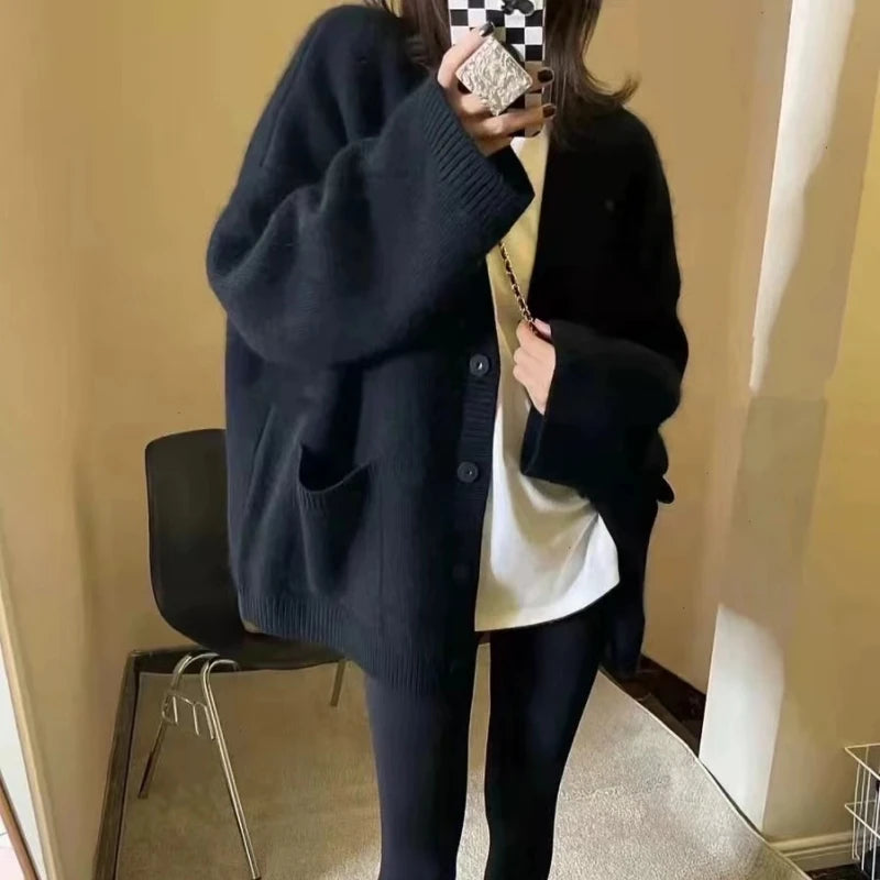 Korean Black V-Neck Knitted Cardigan – Single-Breasted Long Sleeve Loose Casual Women’s Sweater