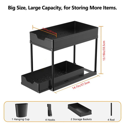 2-Tier Under Sink Sliding Organizer — Cabinet Basket Storage Rack with Hooks for Bathroom & Kitchen Cups