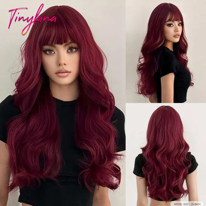 Orange Copper Ginger Long Wavy Synthetic Wig – Red & Yellow Wig with Bangs, Cosplay Body Wave, Heat-Resistant Hair for Women