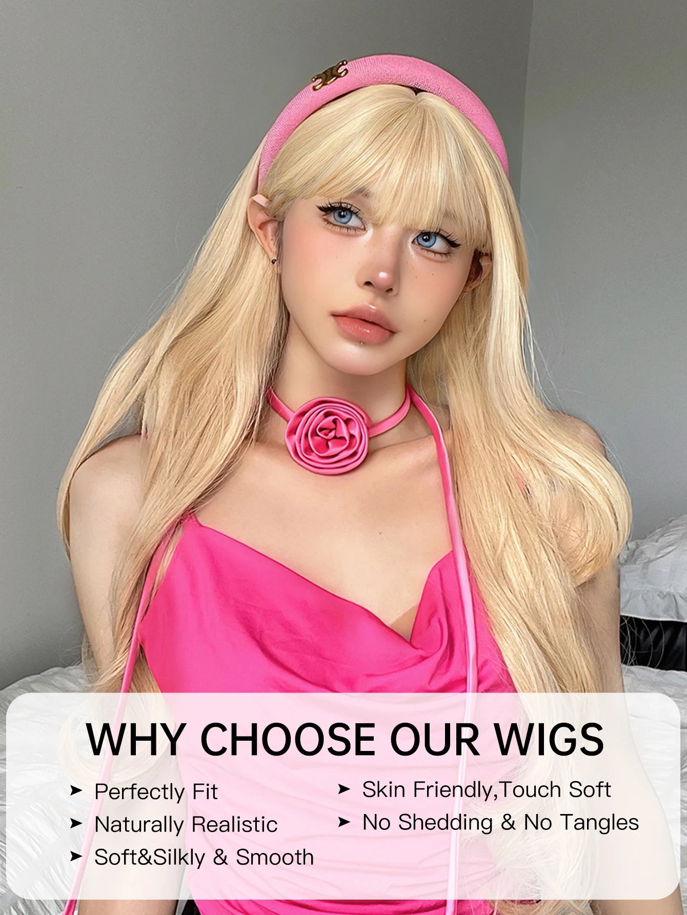 Long Blonde Wavy Synthetic Wig with Bangs – Lolita Cosplay & Halloween Heat-Resistant Wig for Women