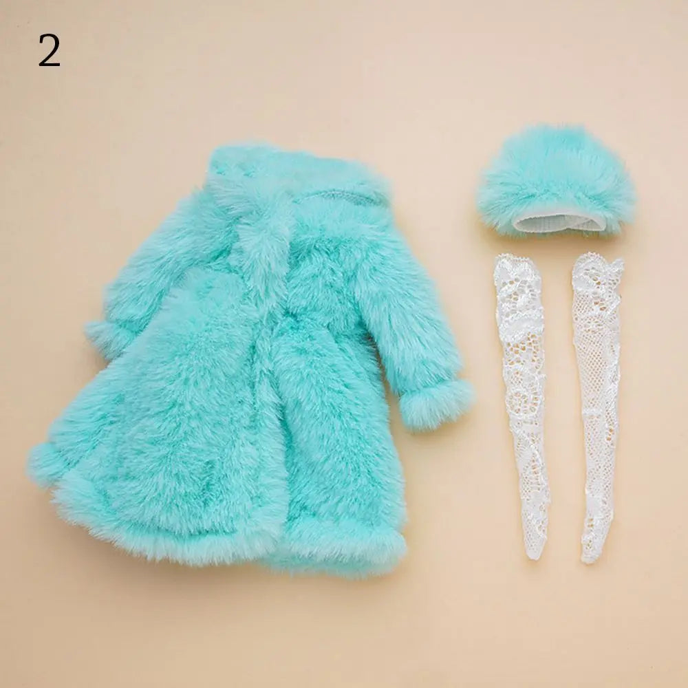 30CM Doll Clothes Set – Fashion Tops, Fur Overcoat, Knitted Hat & Colorful Lace Stockings for 1/6 BJD Doll Accessories