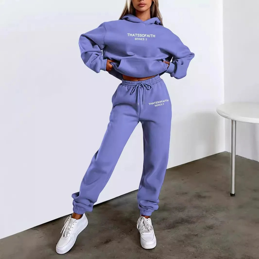 2025 Autumn & Winter Women's Two-Piece Set — Hooded Sweatshirt and Pants, Printed Outdoor Pullover Sportswear