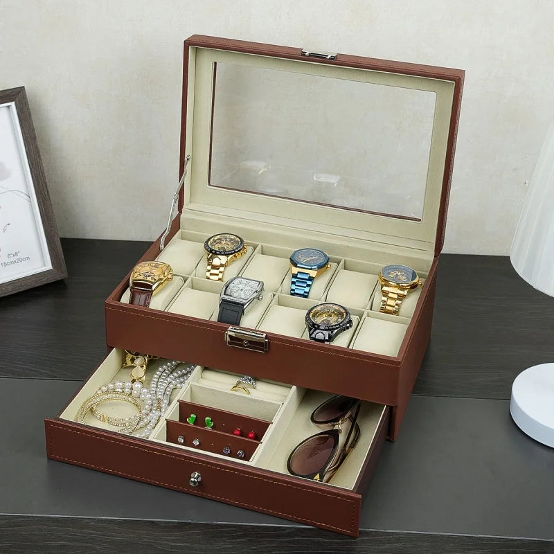 PU Leather Jewelry & Watch Organizer Box — Storage Case for Rings, Earrings, Bracelets, Perfect Gift Casket