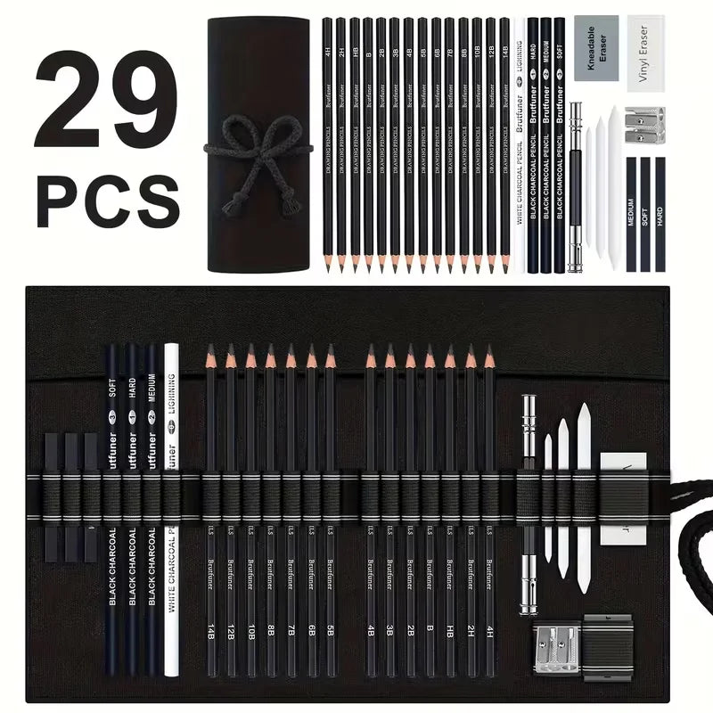 Brutfuner Professional Drawing Pencil Set - 18/29pcs Artist Sketching Kit with Charcoal, Eraser & Sharpener