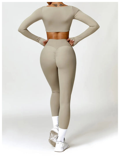 Hearuisavy 2PCS Long Sleeve Gym Set for Women, Quick-Drying Yoga Clothes, Sportswear, Running Leggings, Workout Sports Crop Top