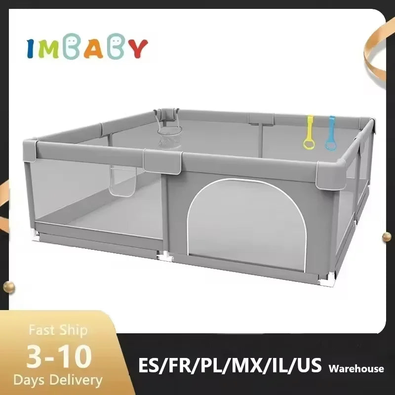 IMBABY Baby Playpen – Light Gray Corralito with Pull Ring, Child Safety Barrier Fence and Ball Box for Baby Playground