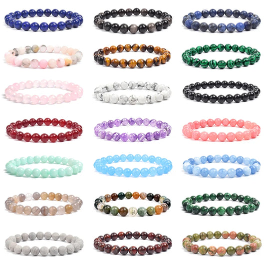Natural Stone Bead Bracelet - Amethyst Crystal Quartz Aquamarine Jade Agate Elastic Bangle Jewelry for Women & Men