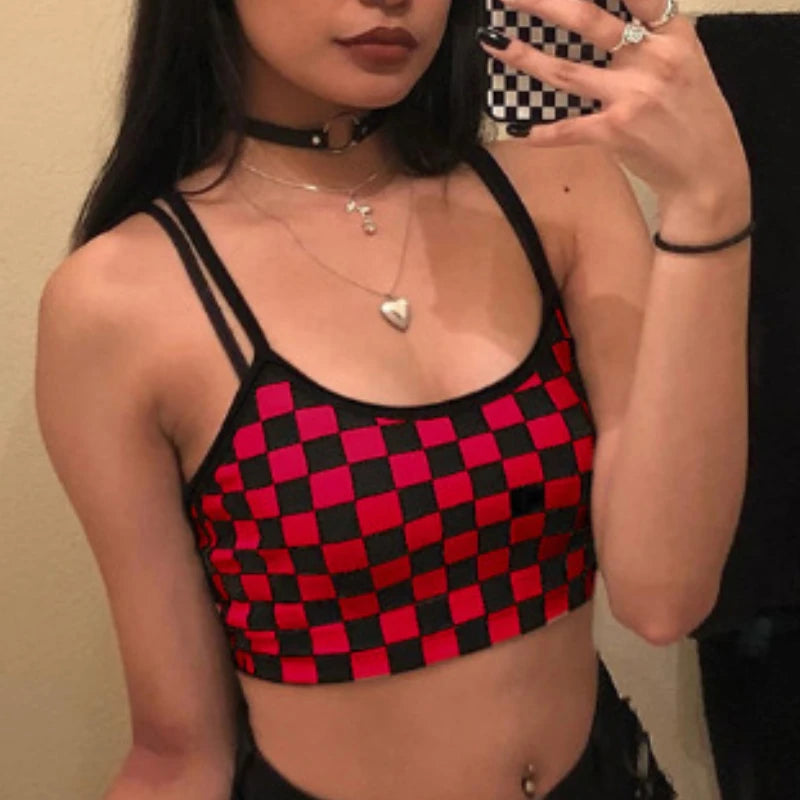 Women's Black Red Plaid Checkerboard Halter Crop Top – Sleeveless Bare Midriff Cami Tank