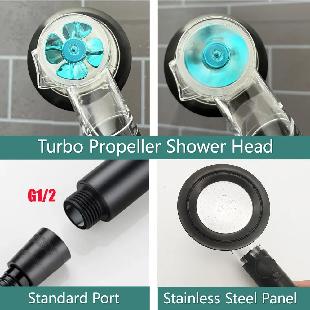 High-Pressure Turbo Propeller Shower Head with Temperature Display and Water-Saving Stop Button - Handheld Bathroom Shower Head