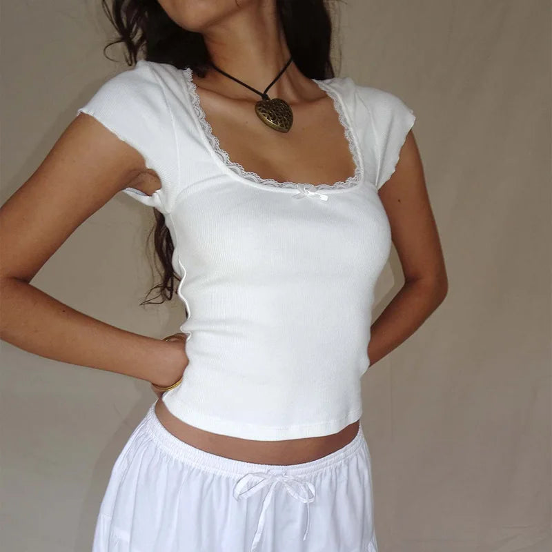 Y2K Vintage Lace Trim Baby Tee - Cottage Style Square Neck Knitted Crop Top for Women Summer Fashion