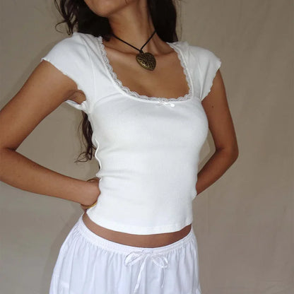 Y2K Vintage Lace Trim Baby Tee - Cottage Style Square Neck Knitted Crop Top for Women Summer Fashion