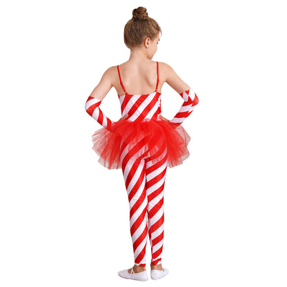 Kids Candy Cane Striped Christmas Tutu Leotard — Sequined Santa Bodysuit for Ballet & Gymnastics