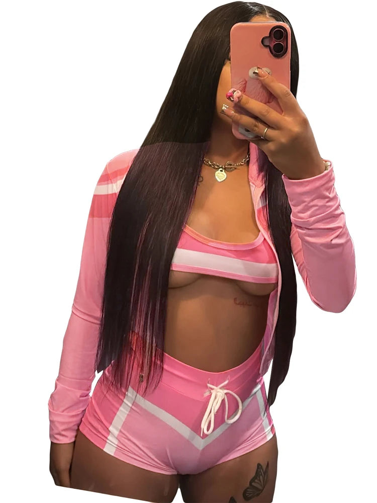 2025 Trending Women’s Summer 3-Piece Tracksuit – Color Block Sports Bra, Jacket & Shorts Gym Workout Set