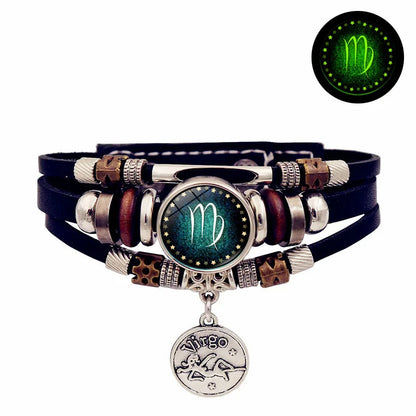 Starry Sky Zodiac Luminous Leather Bracelet - Multi-Layered Beaded Snap Closure for Men & Women, Friendship Bracelet