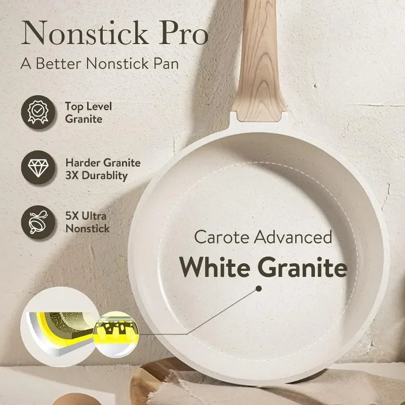 CAROTE 21 Piece White Granite Nonstick Cookware Set - Induction-Ready Pots, Pans, and Frying Pans