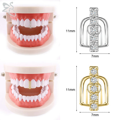 ZS Hip Hop Grillz – Silver/Gold Plated CZ Crystal Cross & Rose Star Tooth Cap, Top & Bottom Set