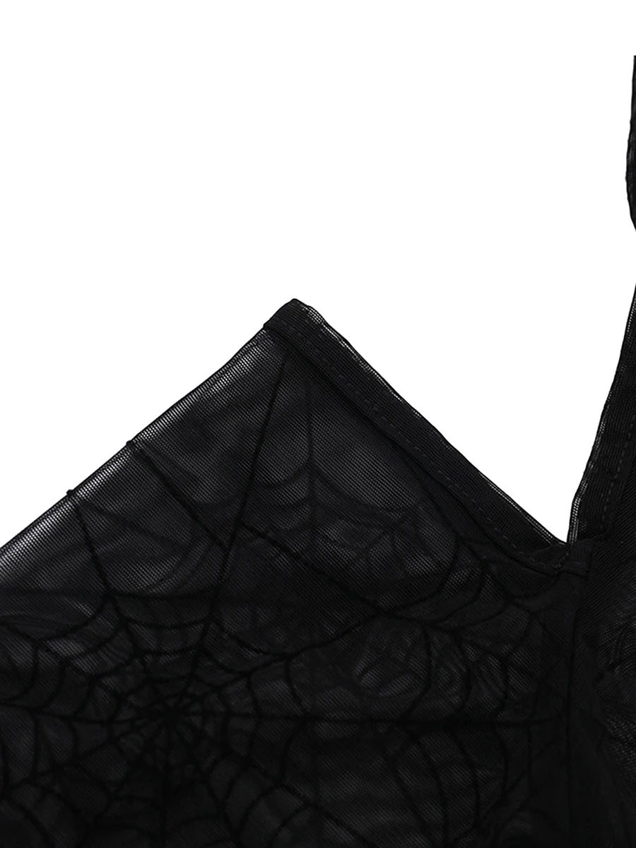 Halloween Women's Bodysuit — Long Sleeve Cold Shoulder Spider Web Romper, Sheer Clubwear Top