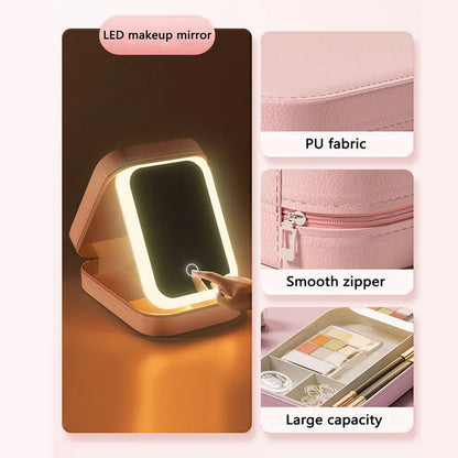 LED Makeup Bag with Mirror – Portable Cosmetic Storage for Women, Small Lipstick & Brush Organizer with Wireless Light