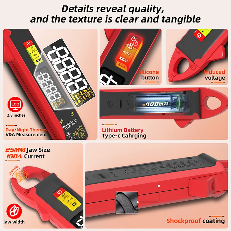 UX1 Digital Clamp Meter 6000 Counts - 100A TRMS AC/DC Mini Multimeter with Rechargeable LCD Display