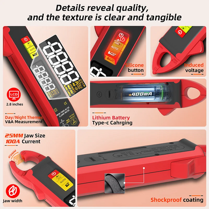 UX1 Digital Clamp Meter 6000 Counts - 100A TRMS AC/DC Mini Multimeter with Rechargeable LCD Display