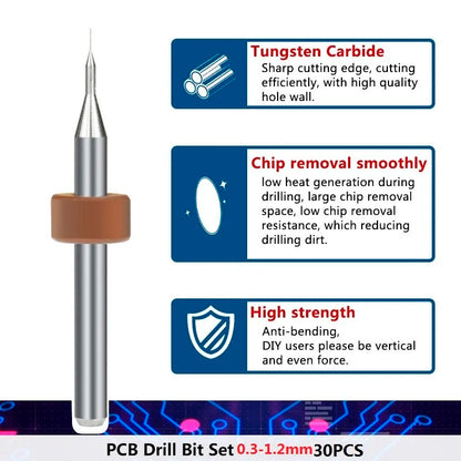 XCAN PCB Drill Bit Set – 50pcs 0.3-1.2mm Carbide Bits with 1/8" Shank for Micro Gun PCB Circuit Board Drilling