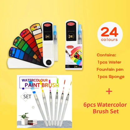 18–42 Color Solid Watercolor Set – Foldable Travel Paint Kit with Water Brush Pen & Fan-Shaped Art Painting Tools