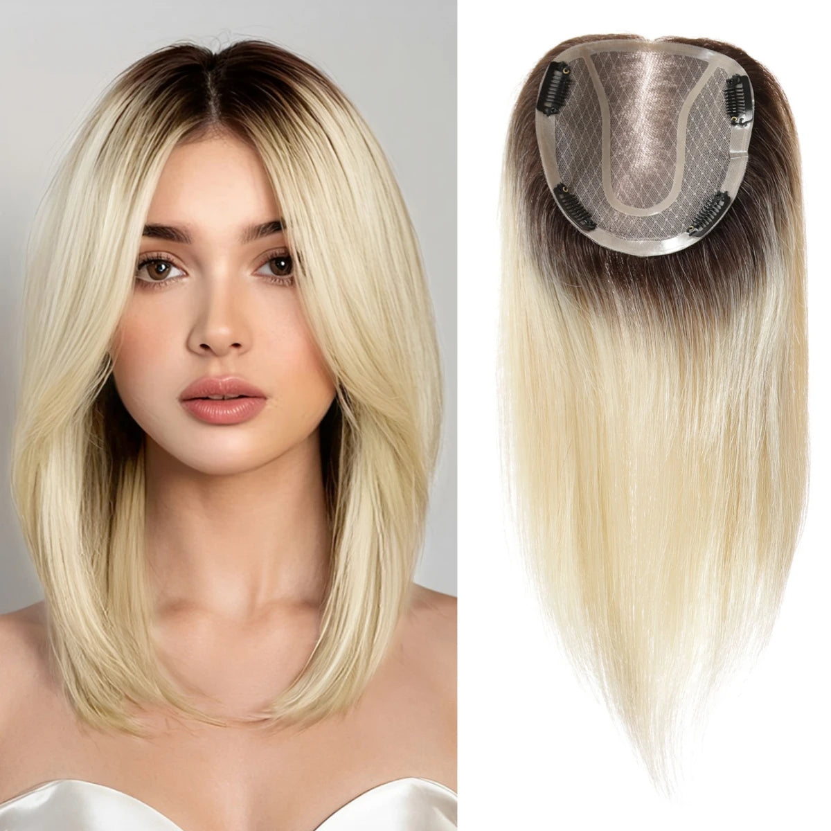 14" Gray Blonde Human Hair Topper – Mono Lace Base, 4 Clips, Natural Look for Thinning Hair