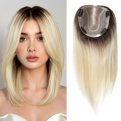 14" Gray Blonde Human Hair Topper – Mono Lace Base, 4 Clips, Natural Look for Thinning Hair