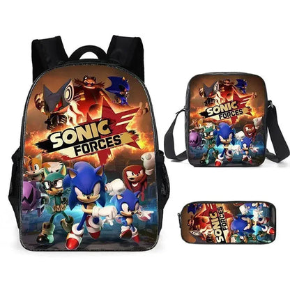 3PC Cartoon School Bag Set – Sonic Lunch Bag, Pencil Case & Backpack for Primary & Middle School Students