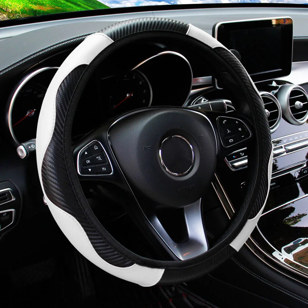 PU Carbon Fiber Leather Steering Wheel Cover — No Inner Ring, Fits 14.5-15 Inch Cars