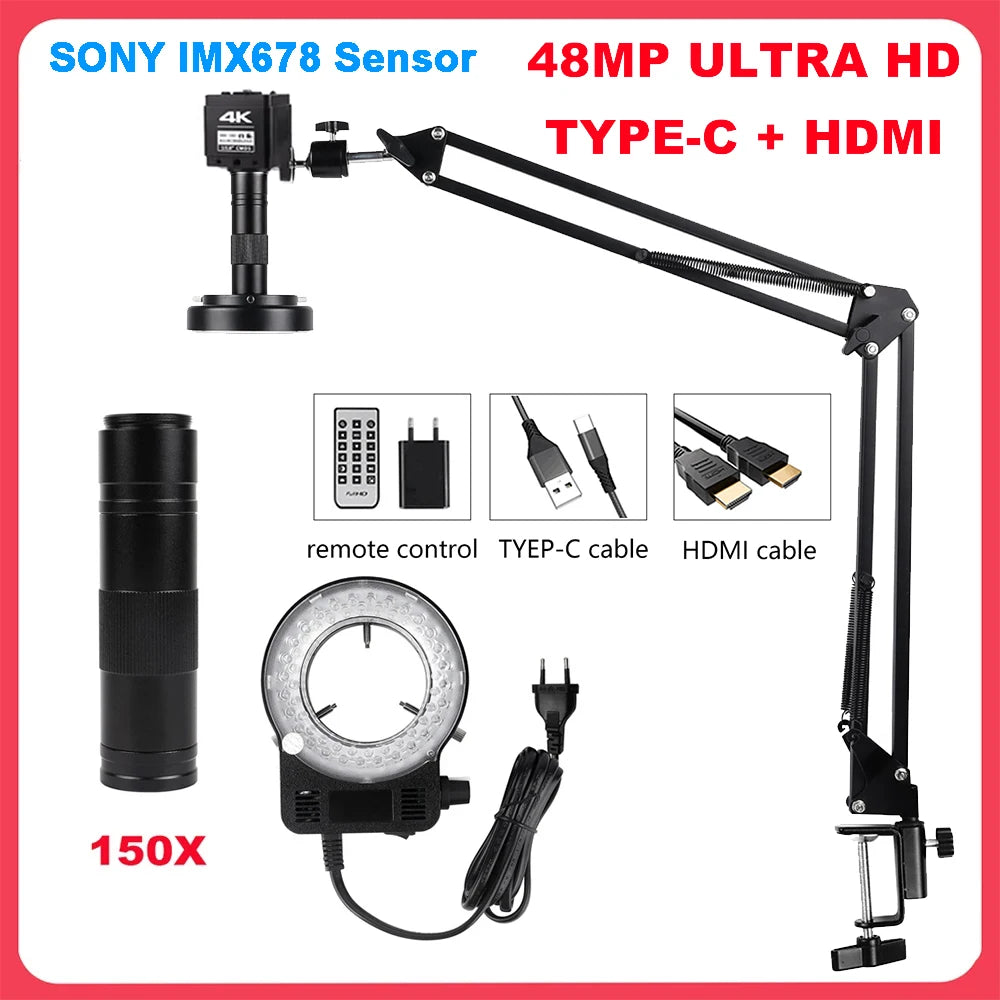 1080P 48MP 4K Digital Microscope – HDMI/USB/VGA Camera with 150X C-Mount & Articulated Arm for Repair