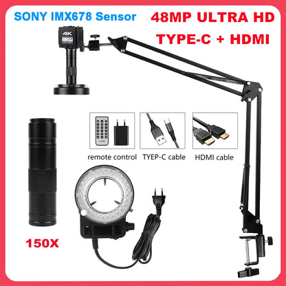 1080P 48MP 4K Digital Microscope – HDMI/USB/VGA Camera with 150X C-Mount & Articulated Arm for Repair