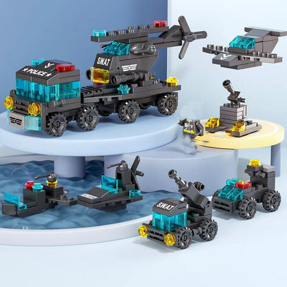 Mini 6-in-1 Building Blocks Set - Police Car, Fire Truck & Castle DIY Educational Toy