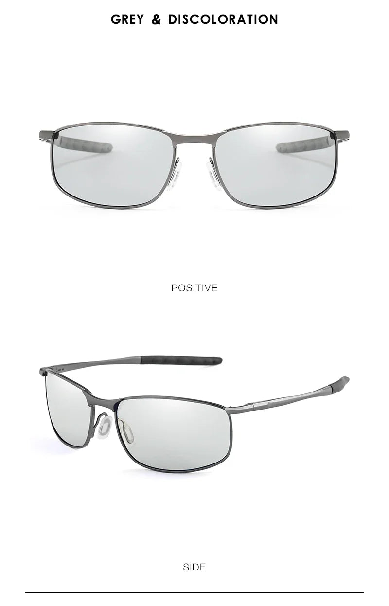 Photochromic Men’s Polarized Sunglasses – Metal Square Frame, UV400 Protection for Driving, Sports & Cycling