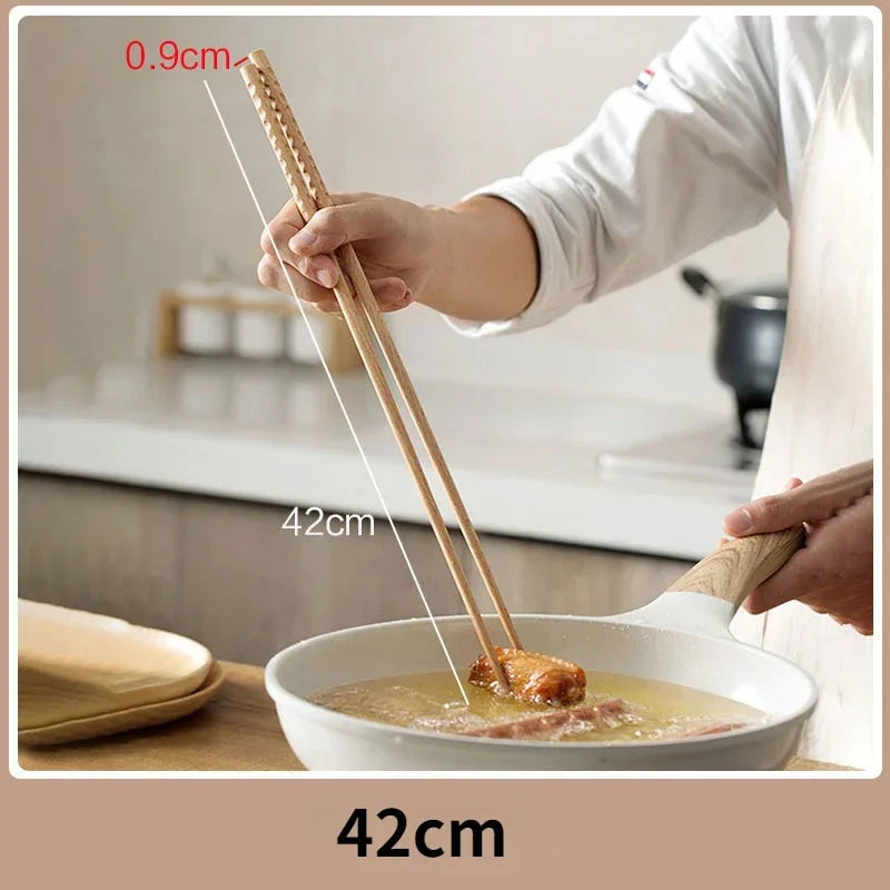 Japanese Extra Long Wooden Chopsticks – Polished Beech Wood, Anti-Slip for Fried Food & Noodles, Kitchen Cooking Tools