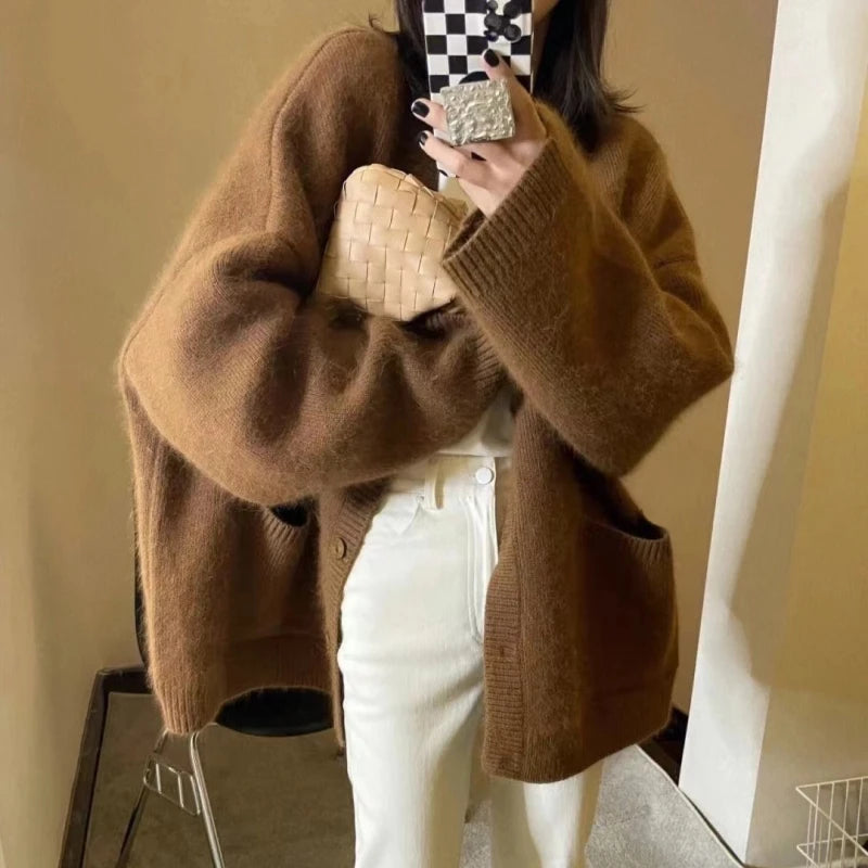 Korean Black V-Neck Knitted Cardigan – Single-Breasted Long Sleeve Loose Casual Women’s Sweater