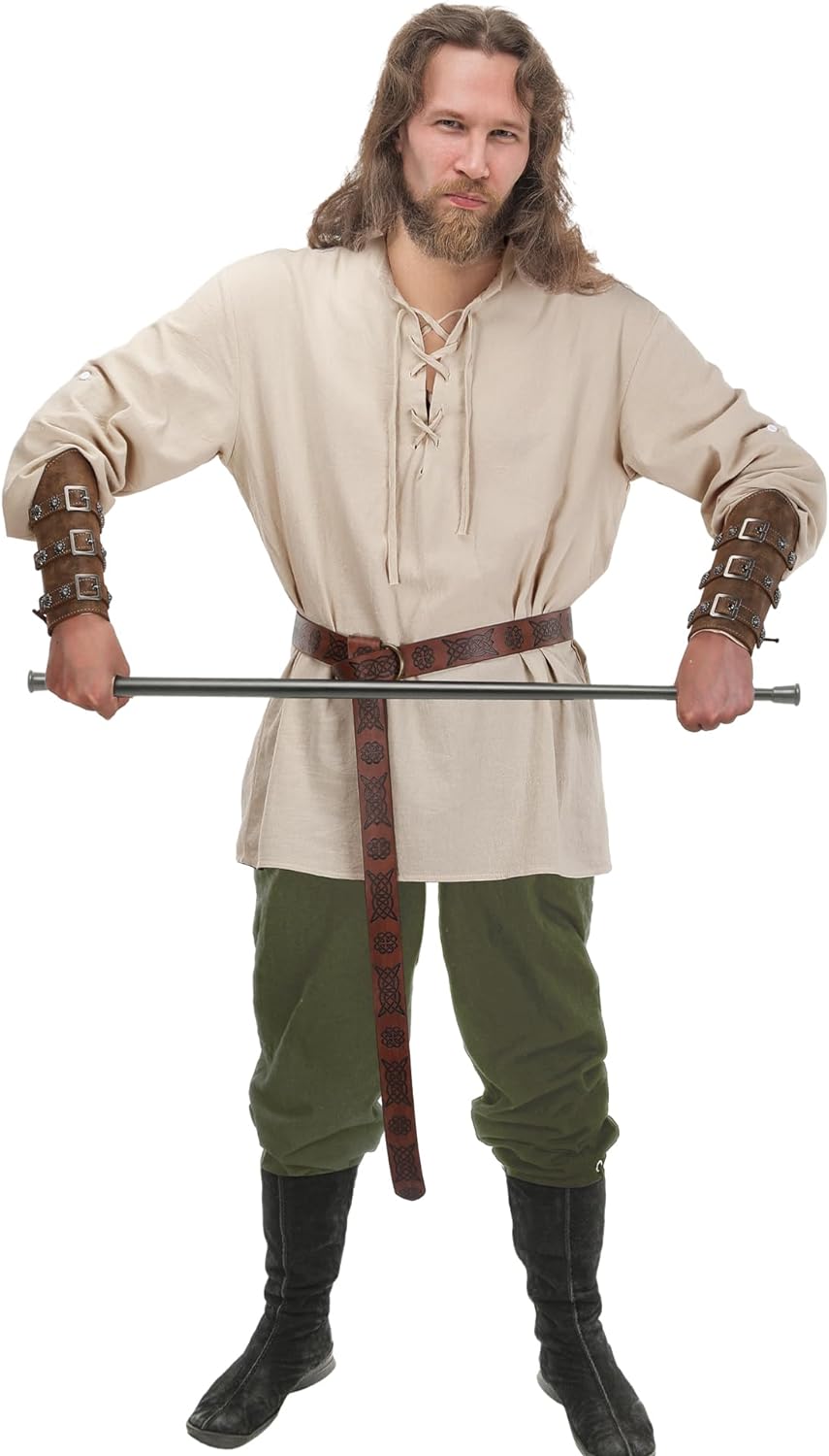 Jiuguva 4-Pcs Halloween Men's Renaissance Costume Set – Medieval Pirate Shirt, Ankle Banded Pants & Viking Belt Accessories